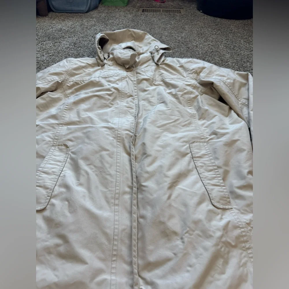 LL Bean Jacket Womens L Beige Trench Hooded Zip Pocket Snap Outdoor *flawed - Picture 2 of 12